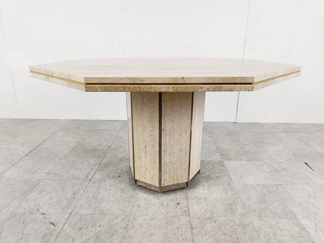 Dining table, beige travertine, brass, Italy, 1970s. - 266921