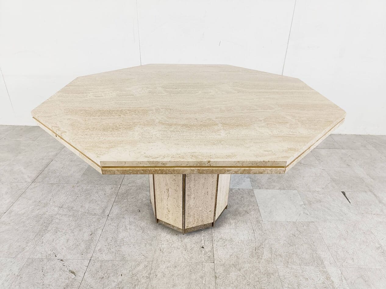 Dining table, beige travertine, brass, Italy, 1970s. - 266929