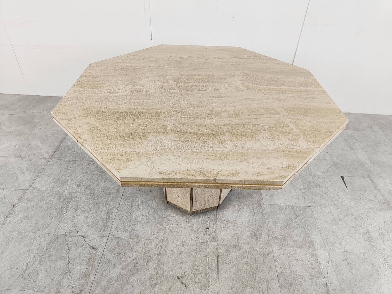 Dining table, beige travertine, brass, Italy, 1970s. - 266930