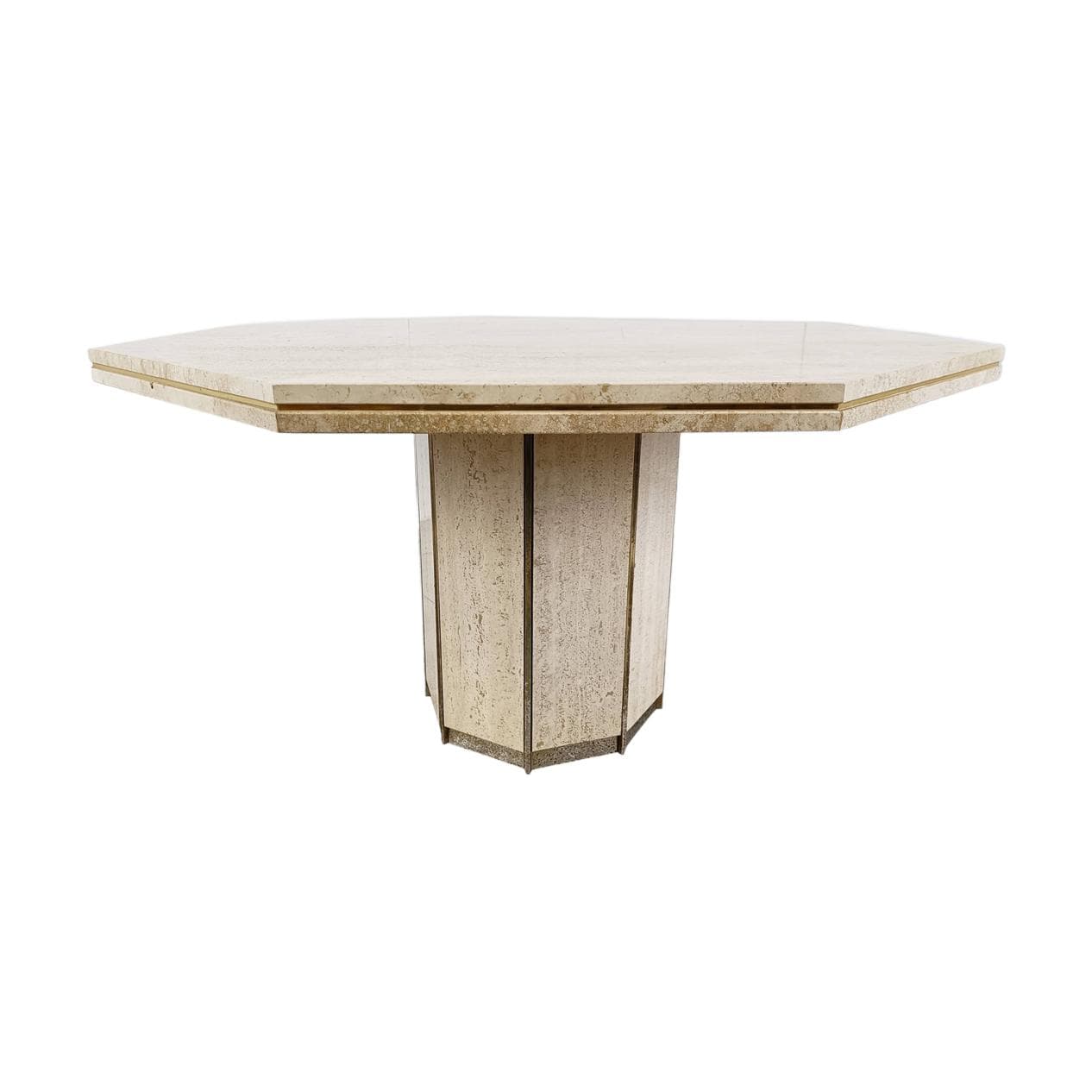 Dining table, beige travertine, brass, Italy, 1970s.