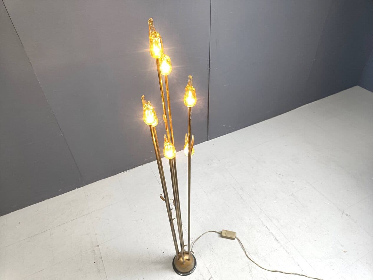 Lampa podłogowa, Murano Leaf, szkło Murano bursztynowy, mosiądz złoty, Włochy, lata 80. - 266906