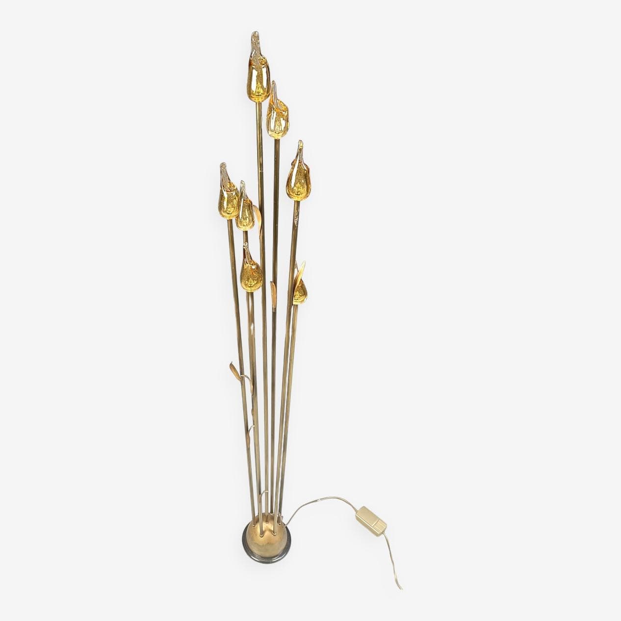 Lampa podłogowa, Murano Leaf, szkło Murano bursztynowy, mosiądz złoty, Włochy, lata 80. - 266909