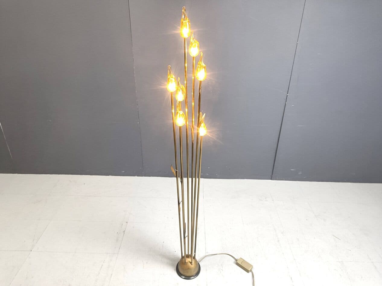 Lampa podłogowa, Murano Leaf, szkło Murano bursztynowy, mosiądz złoty, Włochy, lata 80. - 266914