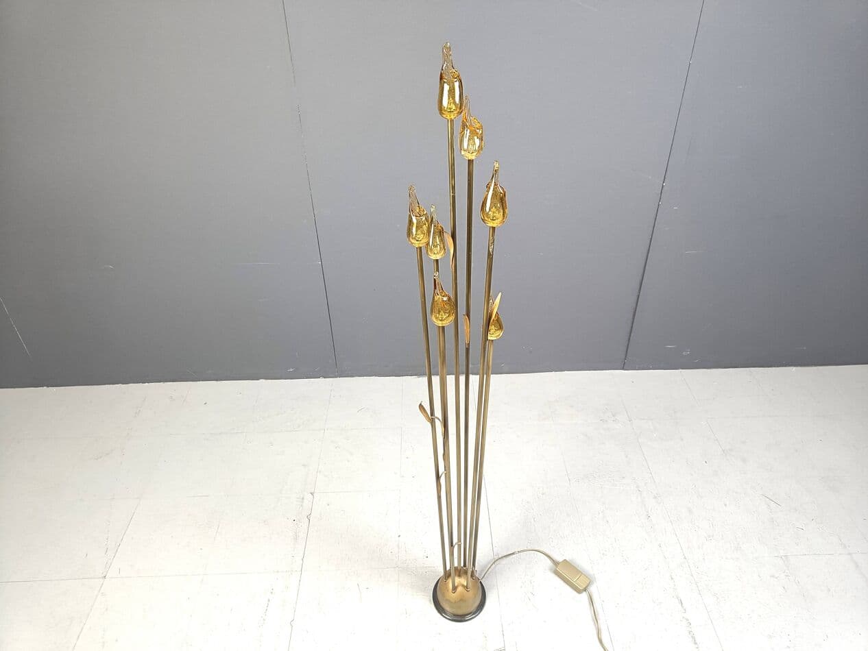 Lampa podłogowa, Murano Leaf, szkło Murano bursztynowy, mosiądz złoty, Włochy, lata 80. - 266905