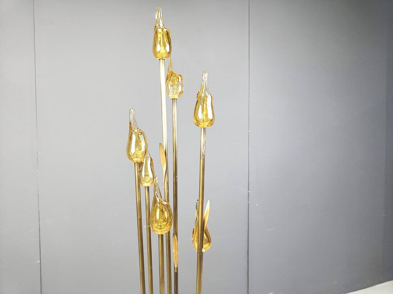 Lampa podłogowa, Murano Leaf, szkło Murano bursztynowy, mosiądz złoty, Włochy, lata 80. - 266913
