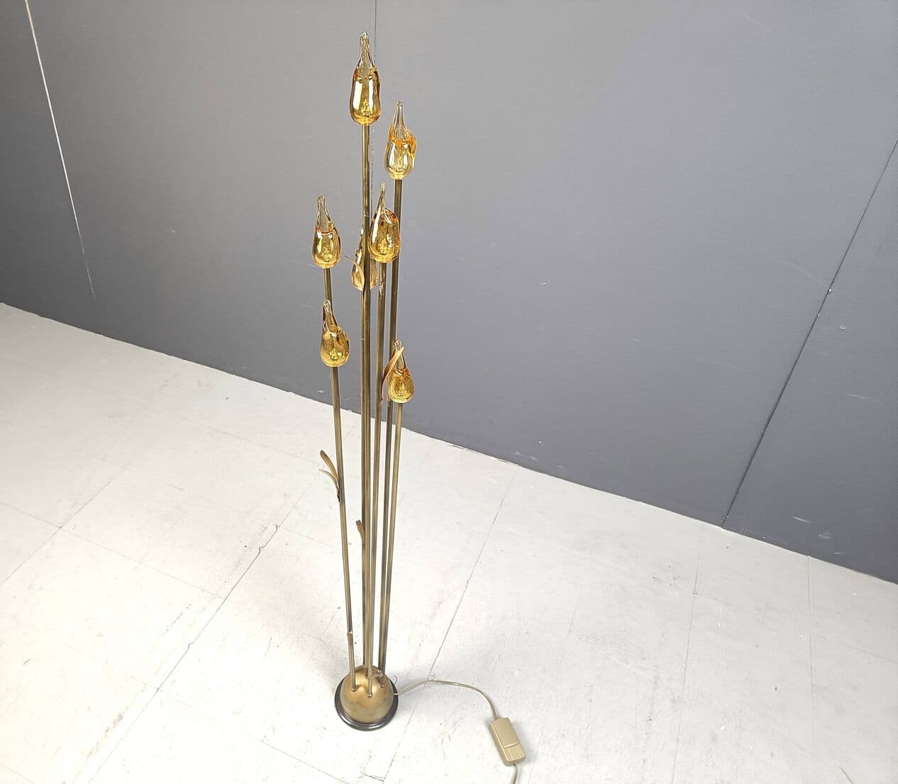 Lampa podłogowa, Murano Leaf, szkło Murano bursztynowy, mosiądz złoty, Włochy, lata 80. - 266911