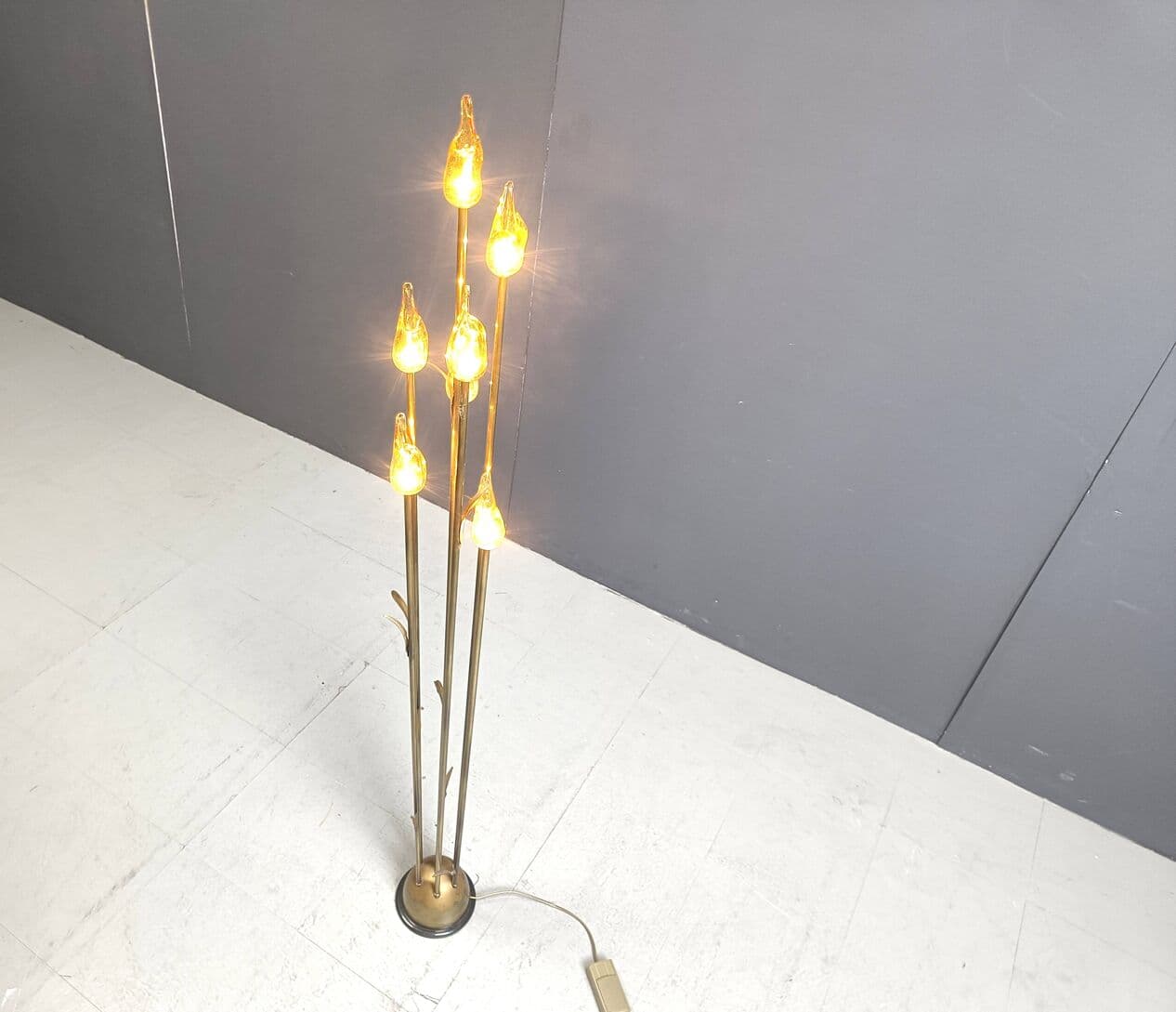 Lampa podłogowa, Murano Leaf, szkło Murano bursztynowy, mosiądz złoty, Włochy, lata 80. - 266917