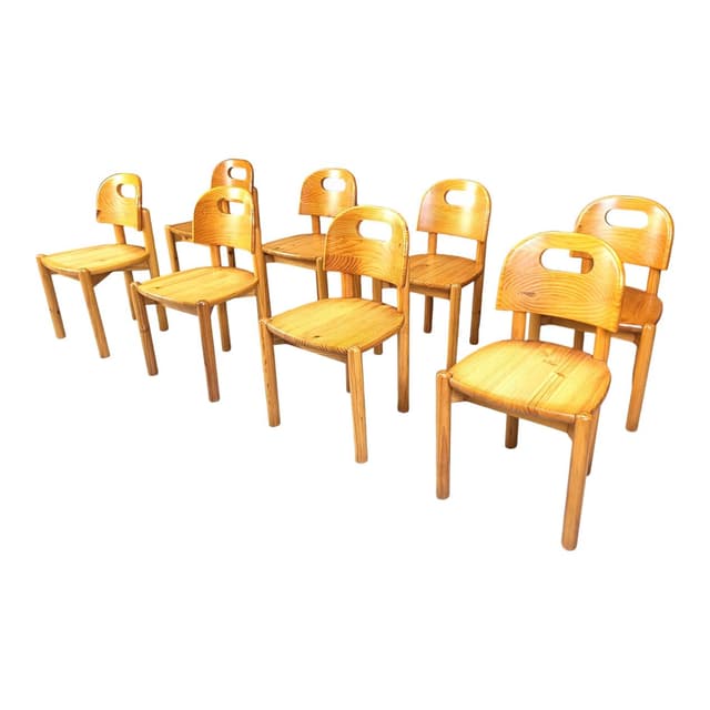 Set of Eight Dining Chairs, brown pine, Denmark, 1980s. - DIMENSION