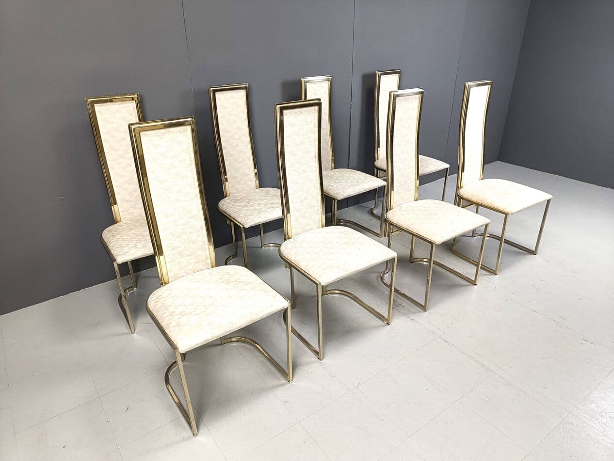 Set of Eight Dining Chairs, gold brass, beige fabric, Belgium, 1970s. - 266879