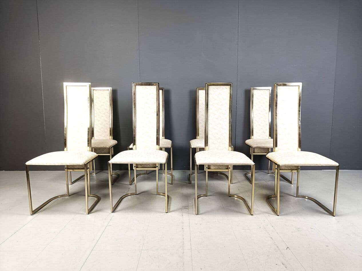 Set of Eight Dining Chairs, gold brass, beige fabric, Belgium, 1970s. - 266876