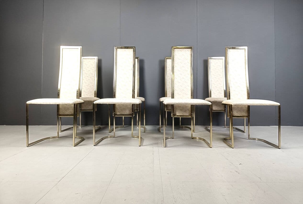 Set of Eight Dining Chairs, gold brass, beige fabric, Belgium, 1970s. - 266877