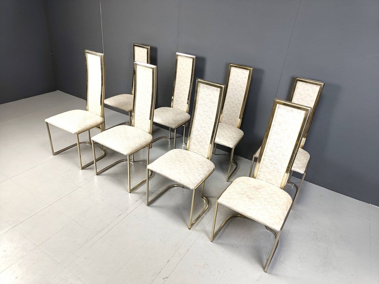 Set of Eight Dining Chairs, gold brass, beige fabric, Belgium, 1970s. - 266878