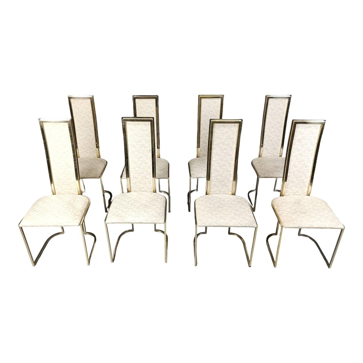 Set of Eight Dining Chairs, gold brass, beige fabric, Belgium, 1970s.