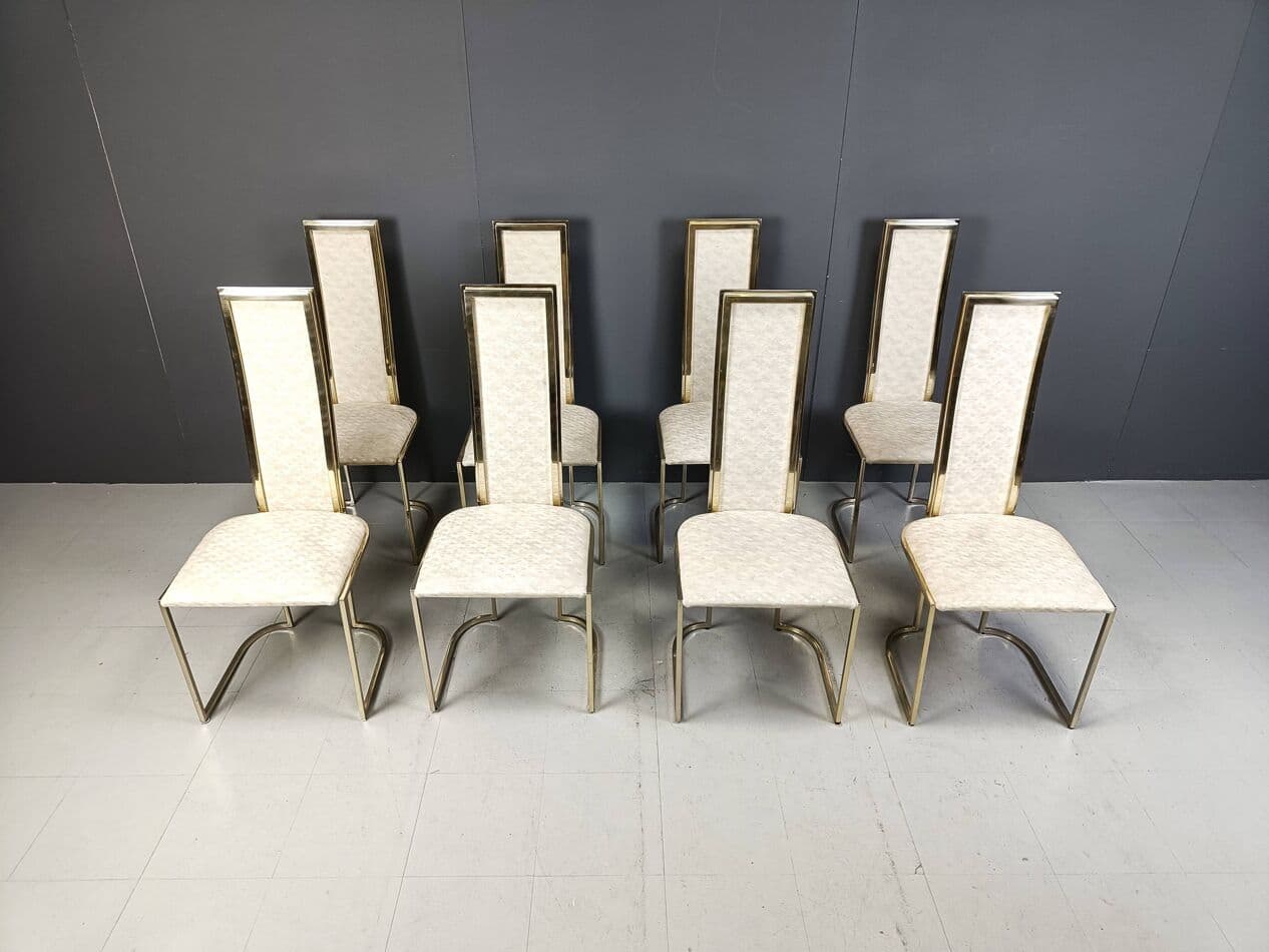 Set of Eight Dining Chairs, gold brass, beige fabric, Belgium, 1970s. - 266870