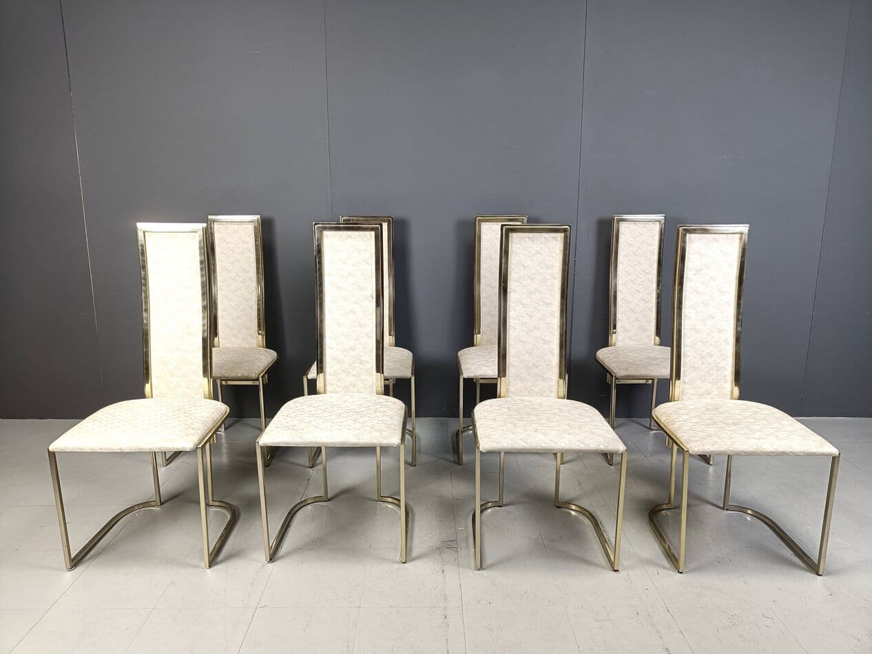 Set of Eight Dining Chairs, gold brass, beige fabric, Belgium, 1970s. - 266875