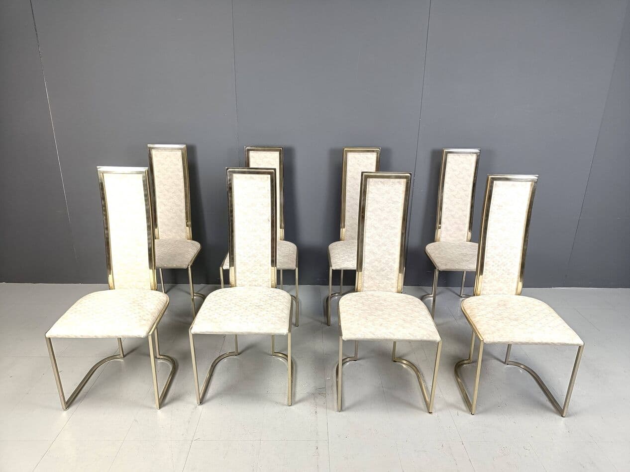 Set of Eight Dining Chairs, gold brass, beige fabric, Belgium, 1970s. - 266874