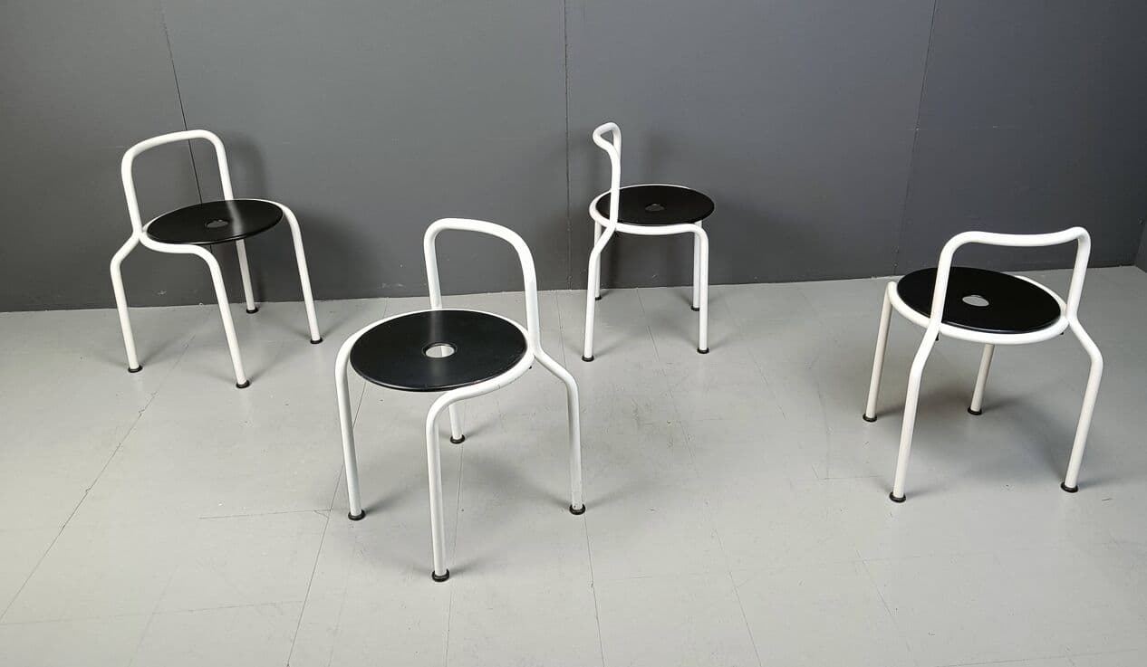 Set of four dining chairs, white metal, black wood, by P. Arosio, Italy, 1980s. - 266801