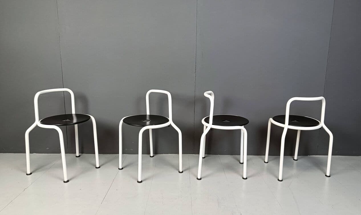 Set of four dining chairs, white metal, black wood, by P. Arosio, Italy, 1980s. - 266800