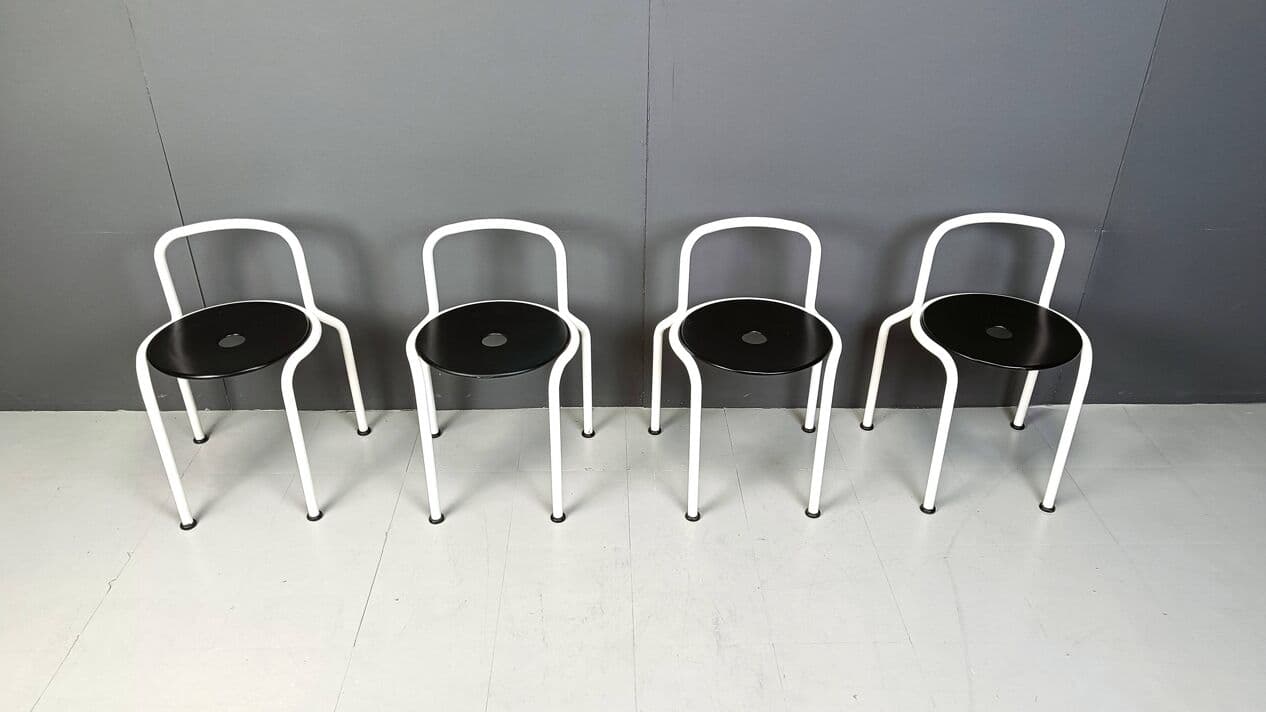 Set of four dining chairs, white metal, black wood, by P. Arosio, Italy, 1980s. - 266796
