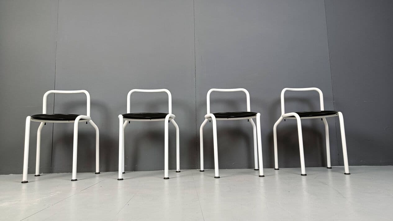 Set of four dining chairs, white metal, black wood, by P. Arosio, Italy, 1980s. - 266799
