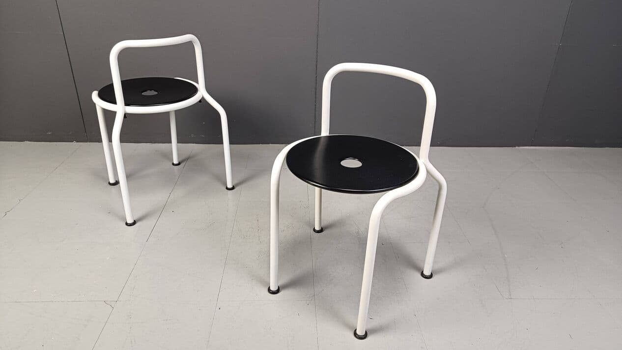 Set of four dining chairs, white metal, black wood, by P. Arosio, Italy, 1980s. - 266795