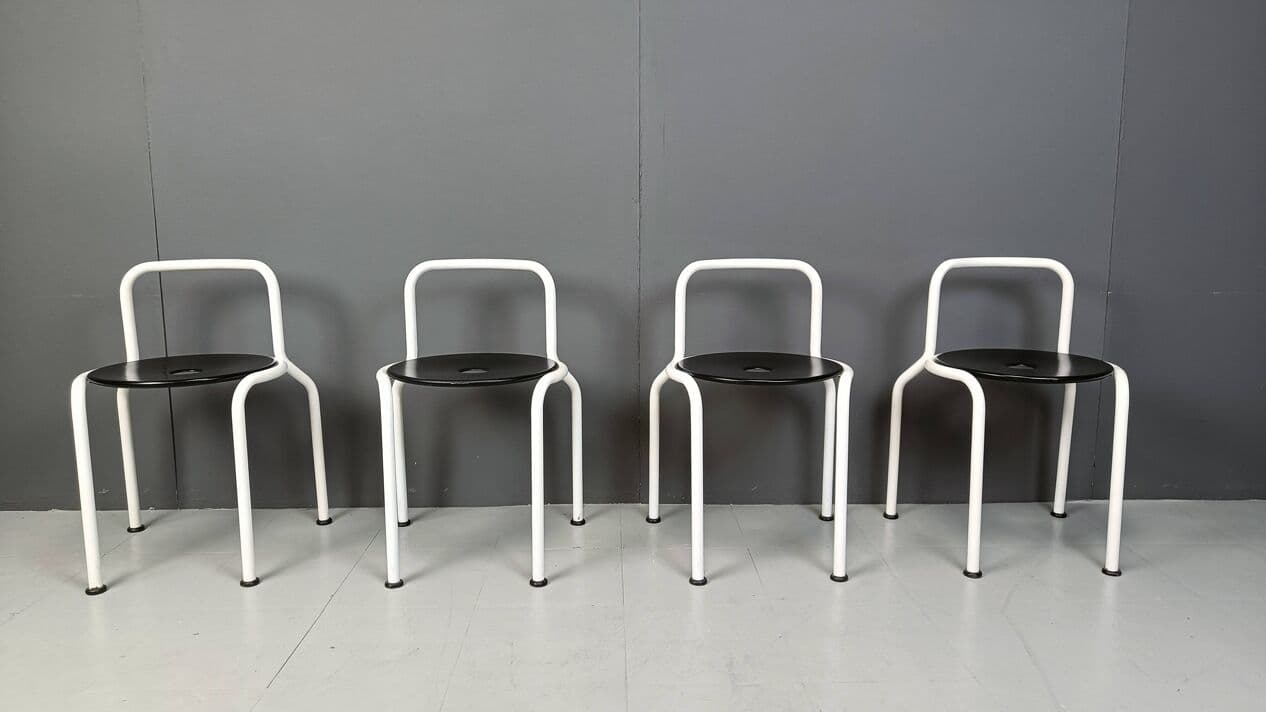 Set of four dining chairs, white metal, black wood, by P. Arosio, Italy, 1980s. - 266798