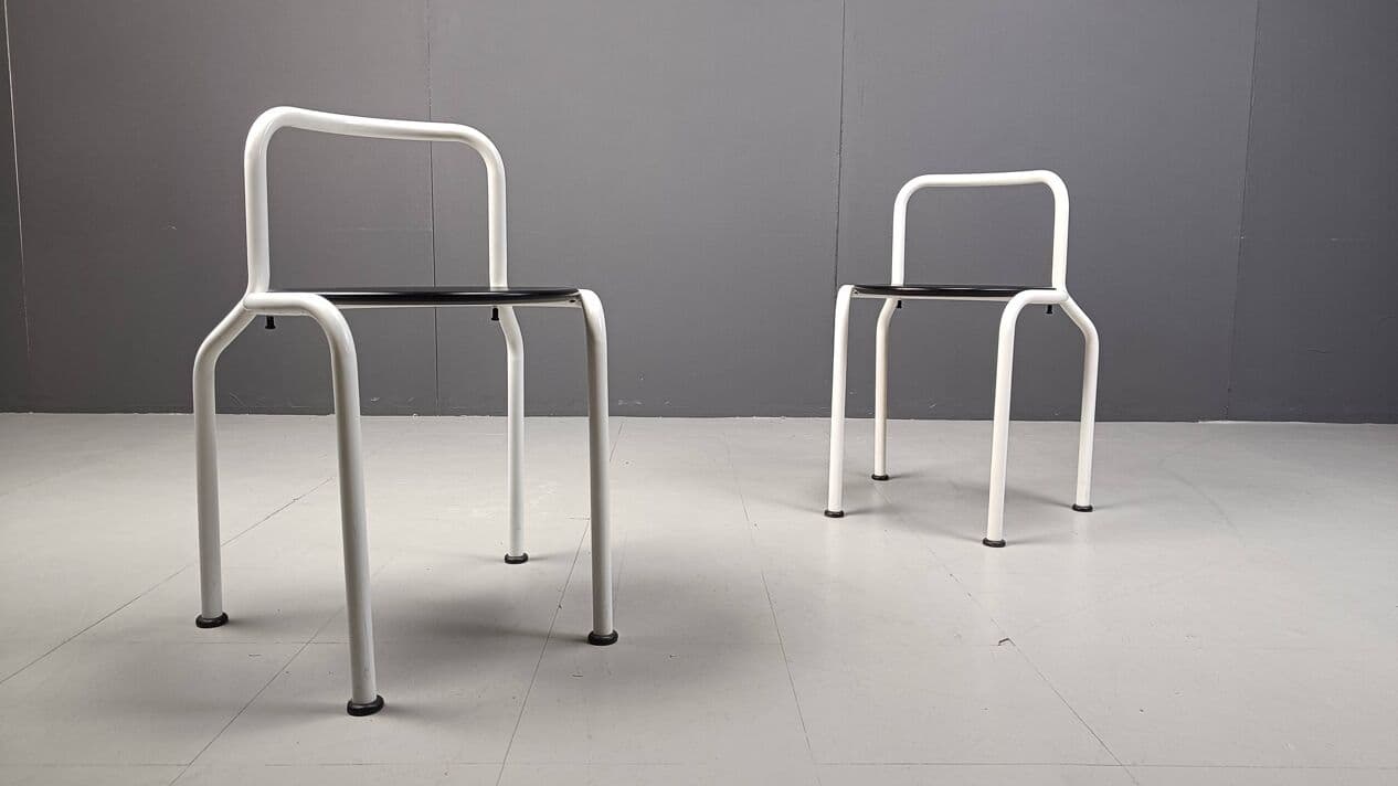 Set of four dining chairs, white metal, black wood, by P. Arosio, Italy, 1980s. - 266804
