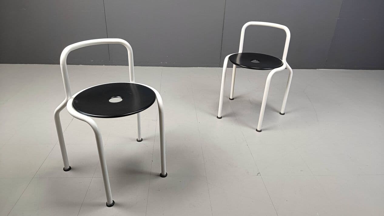 Set of four dining chairs, white metal, black wood, by P. Arosio, Italy, 1980s. - 266803