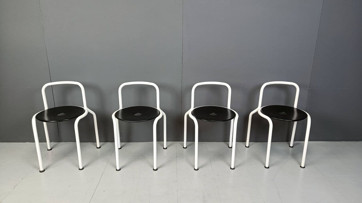 Set of four dining chairs, white metal, black wood, by P. Arosio, Italy, 1980s. - 266794