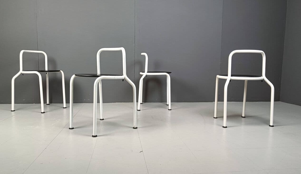 Set of four dining chairs, white metal, black wood, by P. Arosio, Italy, 1980s. - 266802