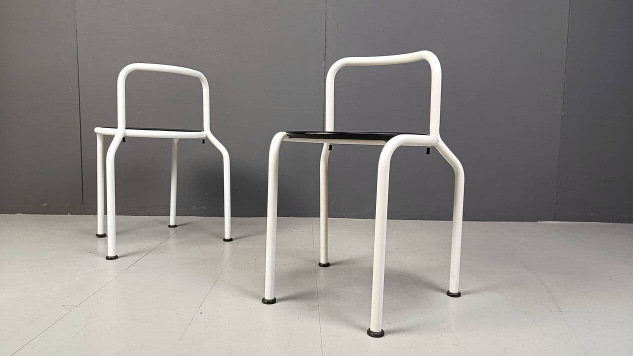 Set of four dining chairs, white metal, black wood, by P. Arosio, Italy, 1980s. - 266805