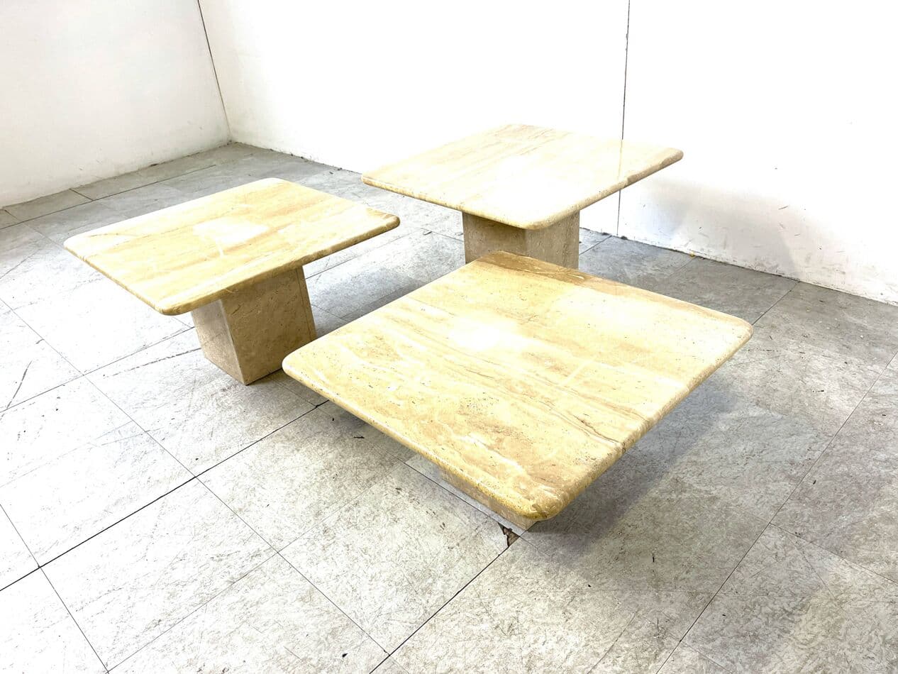 Zestaw trzech stolików typu nesting, beżowy, trawertyn, Włochy, lata 70. - 266694