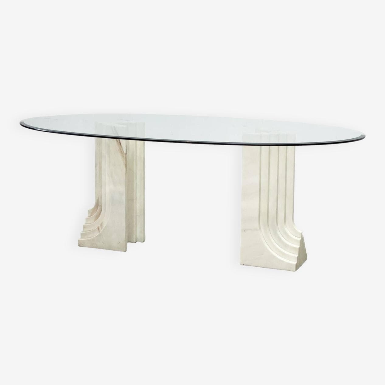 Dining table, beige travertine, glass, Italy, 1970s. - 266658