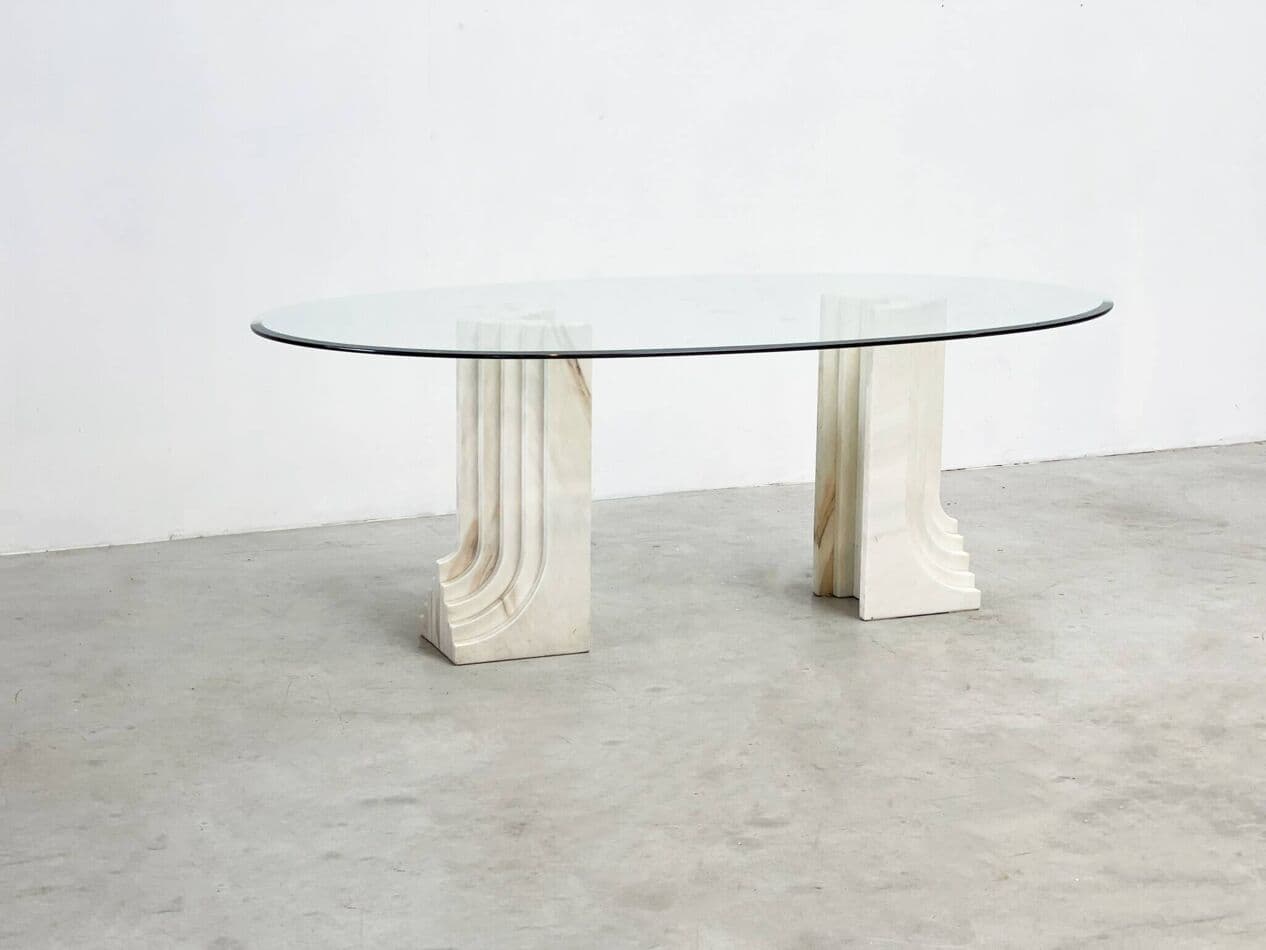 Dining table, beige travertine, glass, Italy, 1970s. - 266661