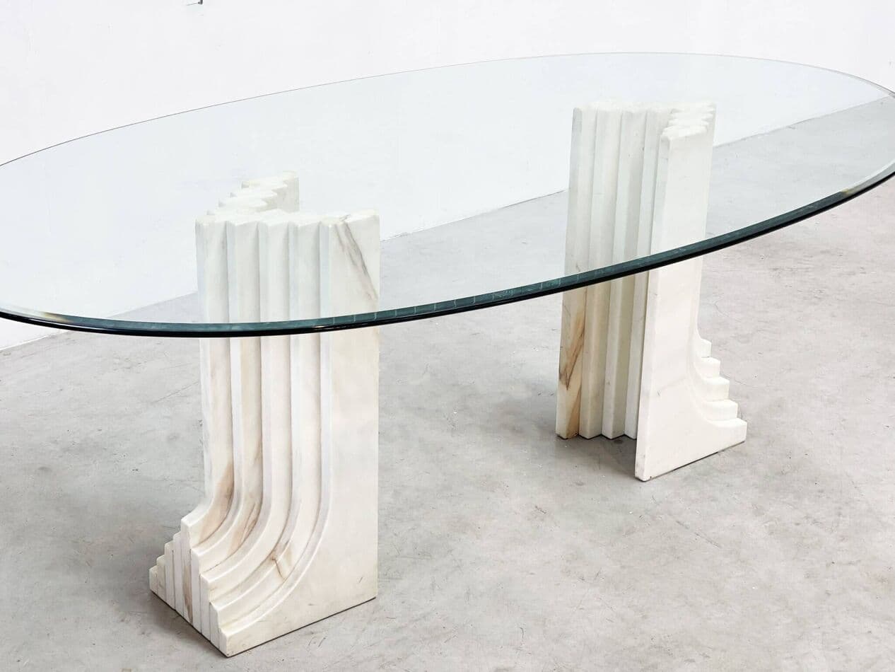 Dining table, beige travertine, glass, Italy, 1970s. - 266663