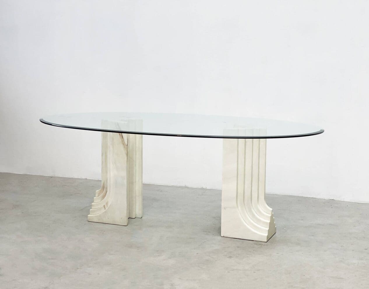 Dining table, beige travertine, glass, Italy, 1970s. - 266659