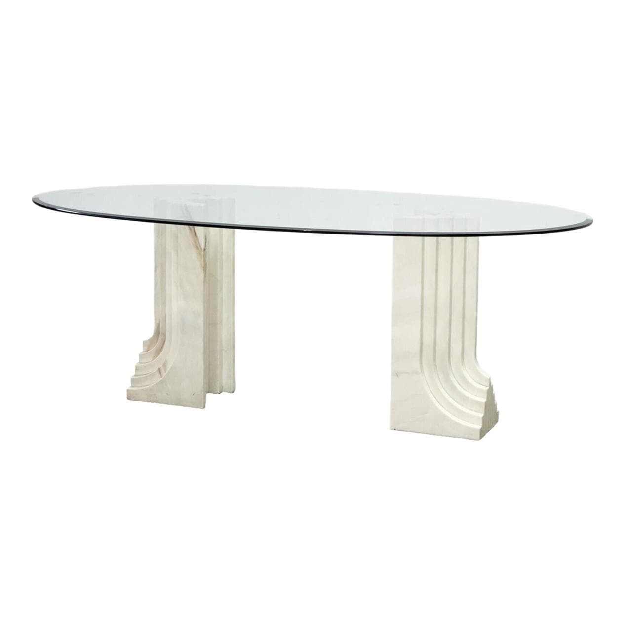 Dining table, beige travertine, glass, Italy, 1970s.
