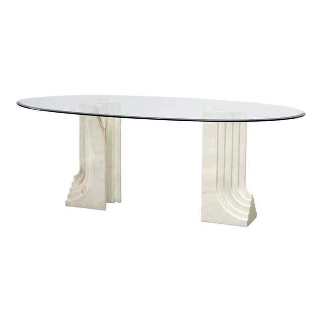 Dining table, beige travertine, glass, Italy, 1970s. - DIMENSION