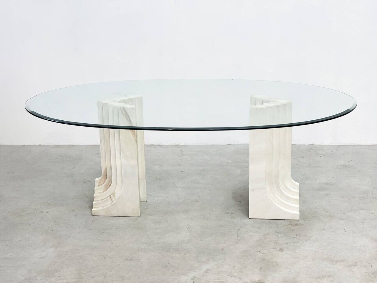 Dining table, beige travertine, glass, Italy, 1970s. - 266664