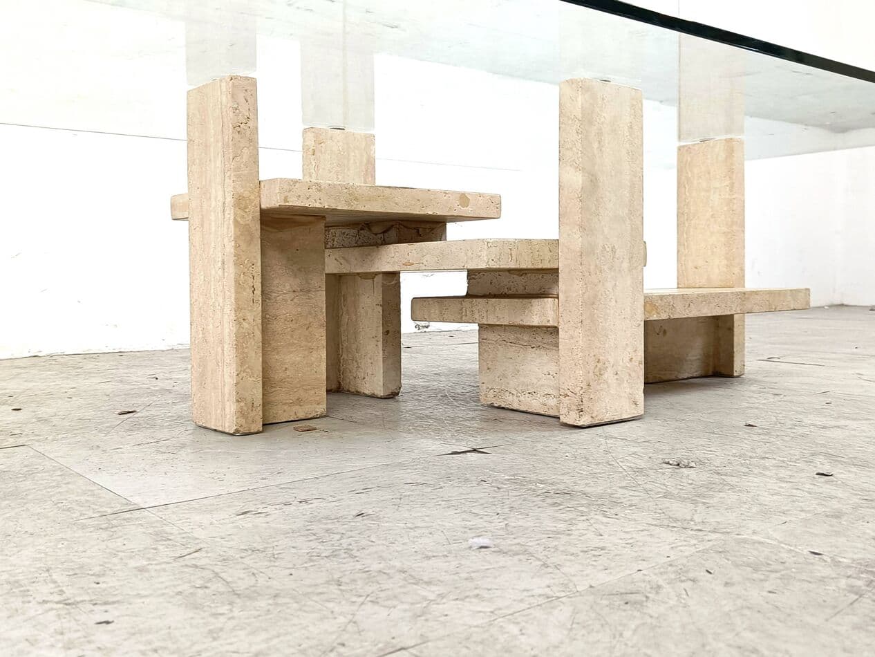 Stolik kawowy, trawertyn beżowy, proj. W. Ballez, Belgia, lata 70. - 266622