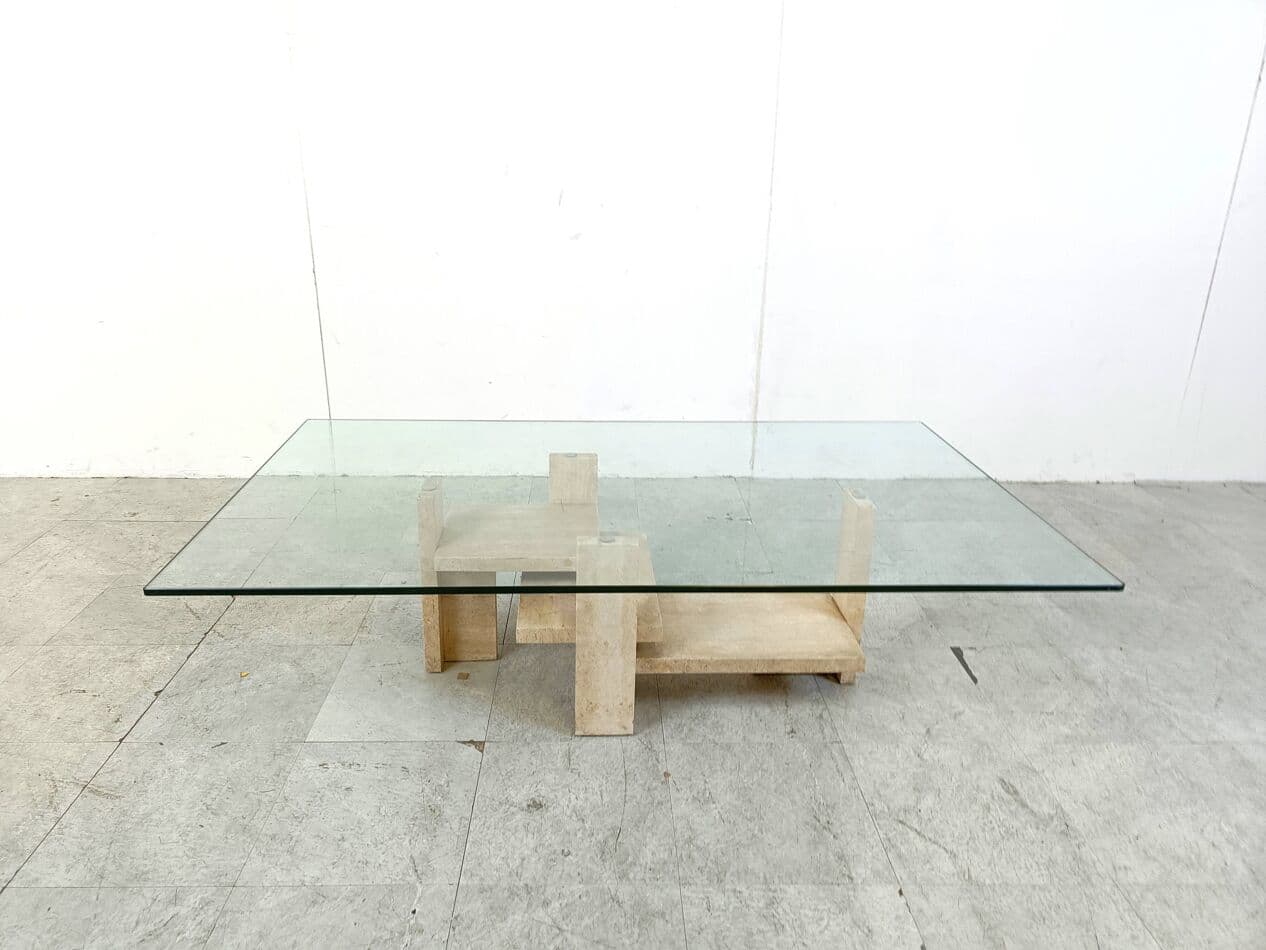 Stolik kawowy, trawertyn beżowy, proj. W. Ballez, Belgia, lata 70. - 266626