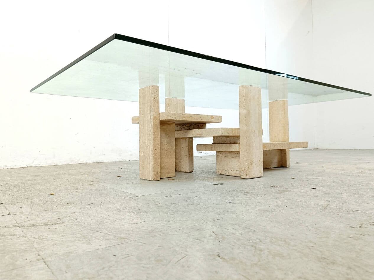 Stolik kawowy, trawertyn beżowy, proj. W. Ballez, Belgia, lata 70. - 266631