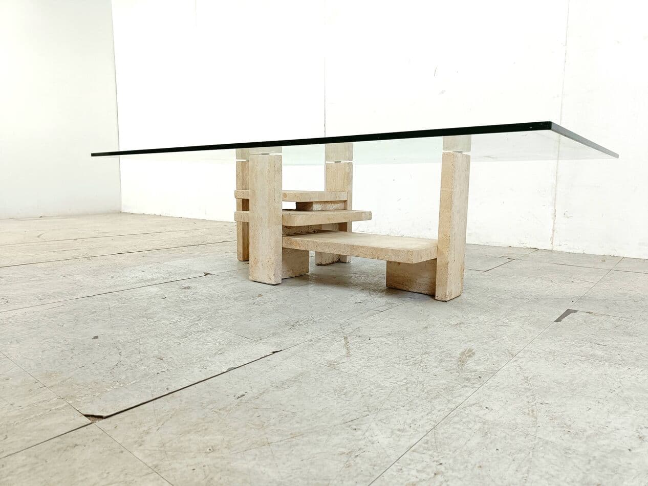 Stolik kawowy, trawertyn beżowy, proj. W. Ballez, Belgia, lata 70. - 266629