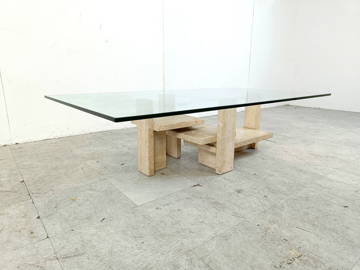 Stolik kawowy, trawertyn beżowy, proj. W. Ballez, Belgia, lata 70. - 266630