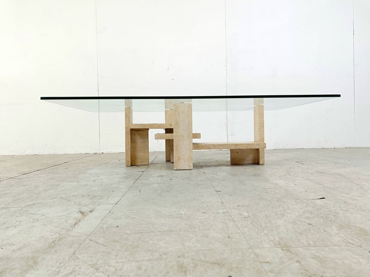 Stolik kawowy, trawertyn beżowy, proj. W. Ballez, Belgia, lata 70. - 266628