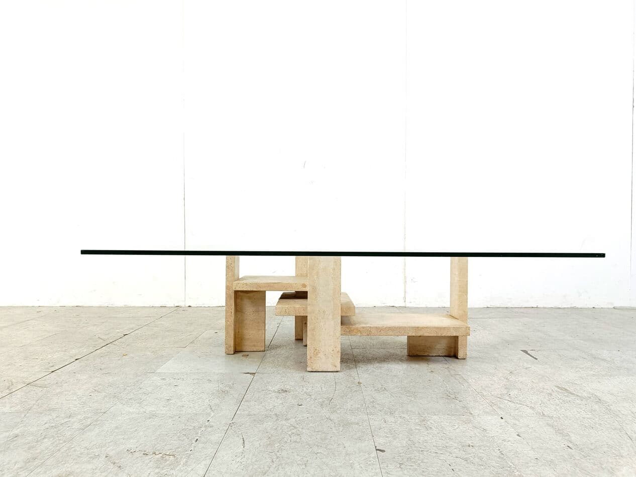 Stolik kawowy, trawertyn beżowy, proj. W. Ballez, Belgia, lata 70. - 266627