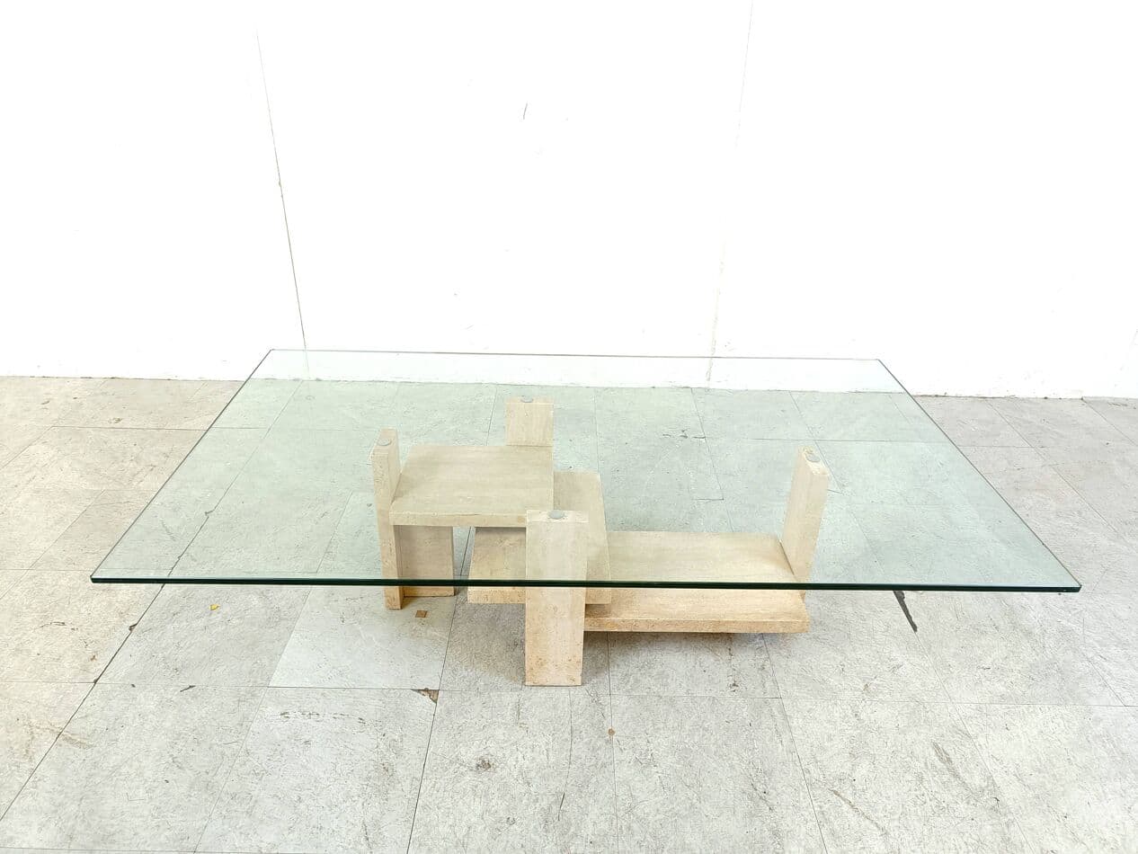 Stolik kawowy, trawertyn beżowy, proj. W. Ballez, Belgia, lata 70. - 266625