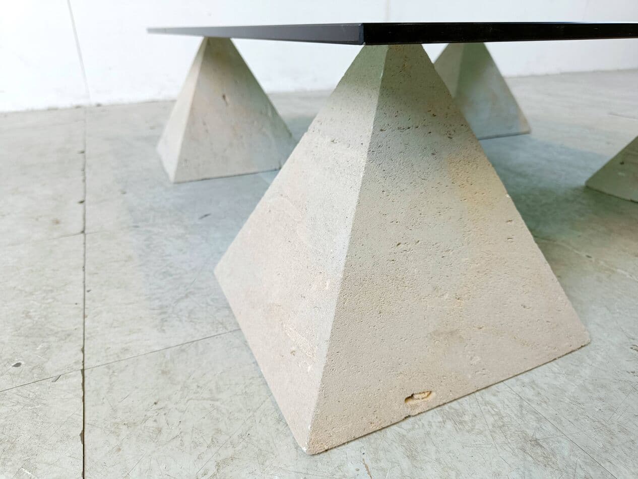 Coffee table, beige travertine, smoked glass, Belgium, 1970s. - 266606
