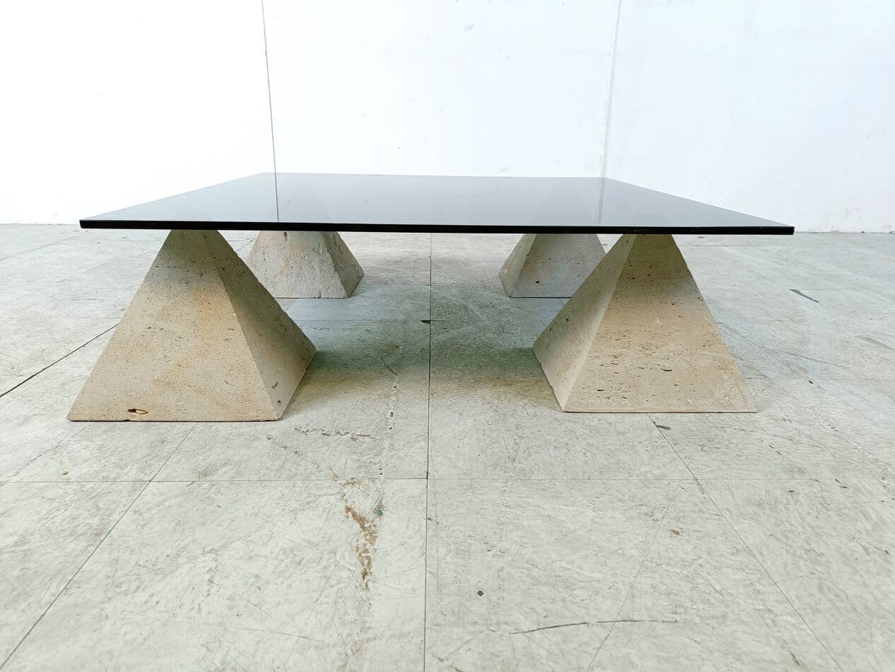 Coffee table, beige travertine, smoked glass, Belgium, 1970s. - 266601