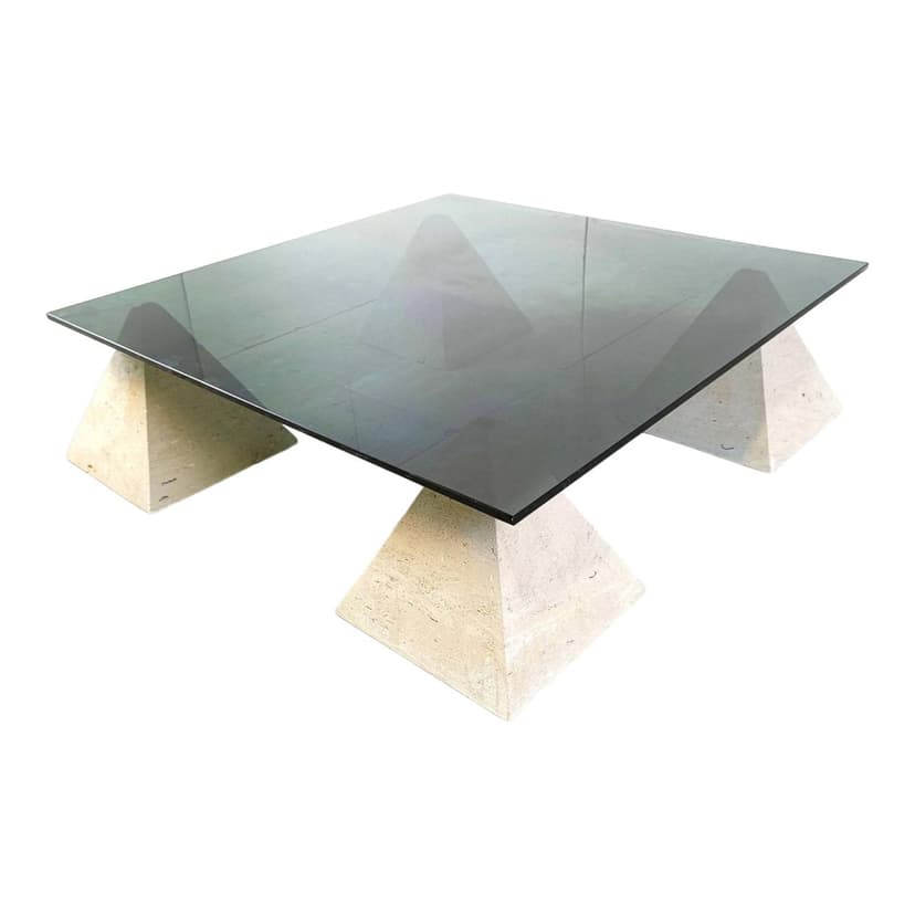 Coffee table, beige travertine, smoked glass, Belgium, 1970s.